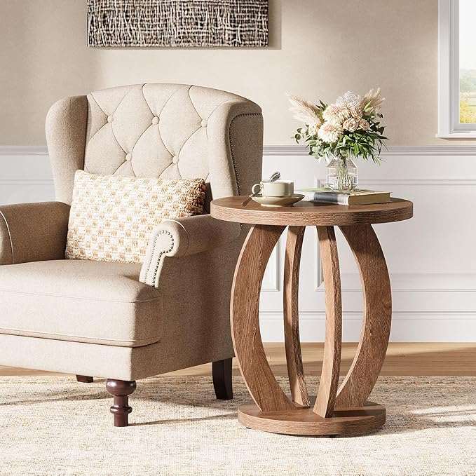 Tribesigns End Table, Round Side Table with Storage, Farmhouse Nightstand Bedside with Round Tabletop, Accent End Table for Living Room Bedroom Small Space, Wooden Accent Furniture (2, Brown)-Ruum Studio Home