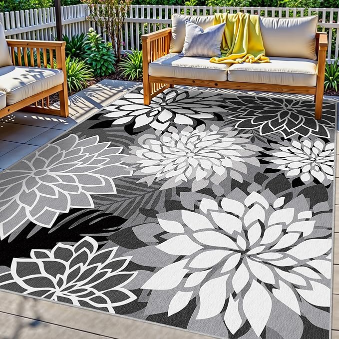 Indoor Outdoor Area Rug Washable Multicolored Rug Tropical Botanical Modern Floral Indoor Outdoor Carpet Black White Rug Non Slip Non Shedding for Patio, Deck, Backyard, Porch (5x8)-Ruum Studio Home