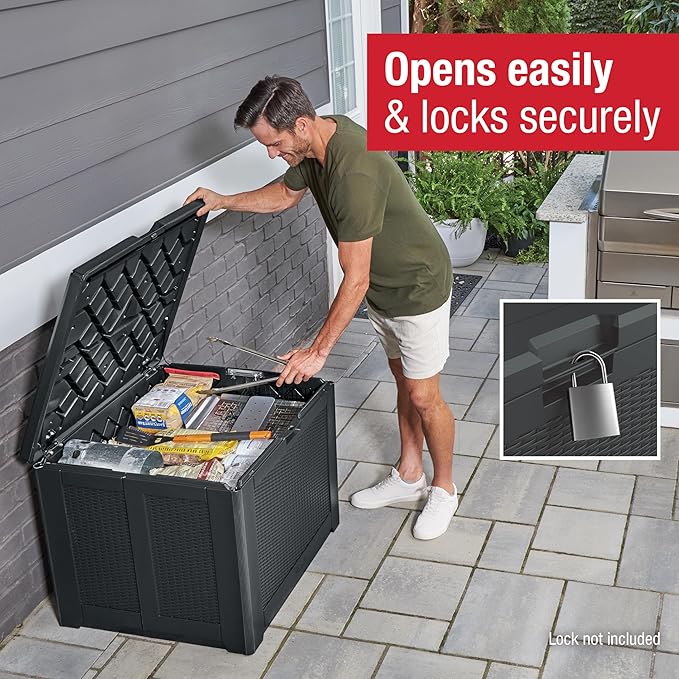 Rubbermaid Medium Resin Outdoor Storage Deck Box (74 Gal), Weather Resistant, Black, Deck Organization for Home/Backyard/Pool Chemicals/Toys/Garden Tools/Porch/Patio Cushions-Ruum Studio Home