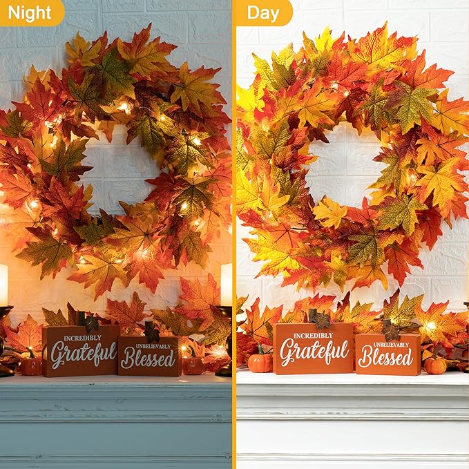 Glitzhome 24 Inch Pre-lit Fall Wreath, Autumn Wreath for Front Door, Lighted Maple Leaves Wreaths with Timer for Thanksgiving Halloween Christmas Wall Front Porch Home Decoration-Ruum Studio Home