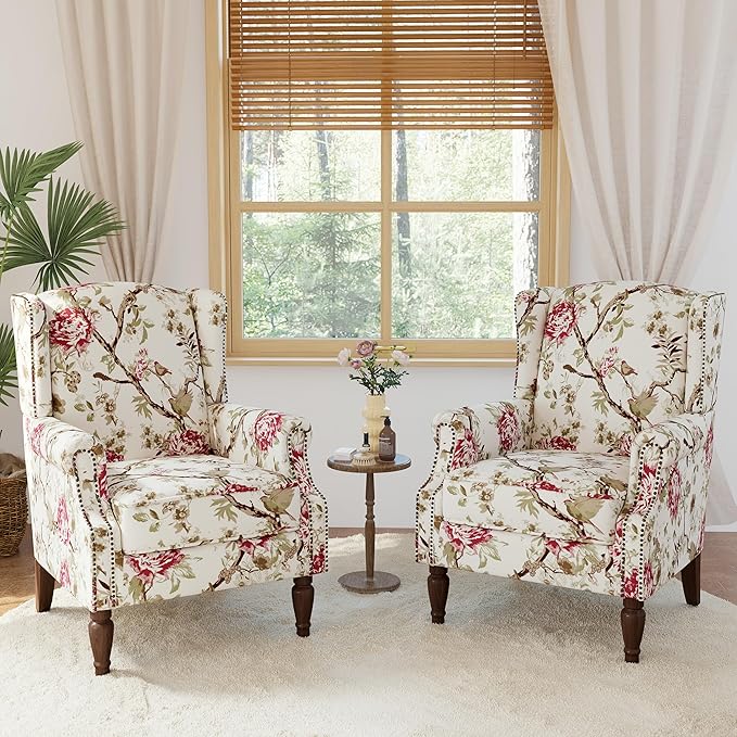 Lumibee Wingback Accent Chair, 2 Set High Back Floral Armchairs in Fabric,Comfy Upholstered Reading Single Sofa Chairs with Solid Wood Legs for Living Room,Bedroom,Office-Floral Beige-Ruum Studio Home