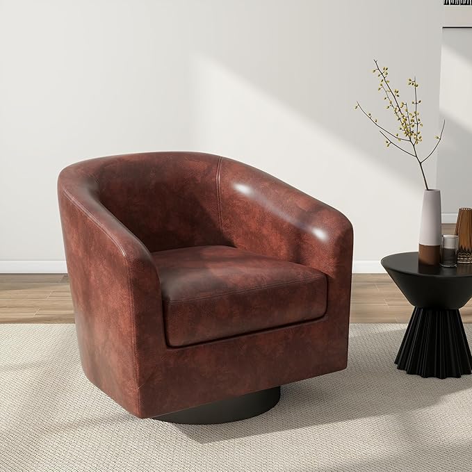Swivel Barrel Accent Chair, Modern Round Faux Leather Arm Chair for Living Room, Bedroom, Comfy Club Reading Chairs for Adults(Faux Leather, Red Brown, Set of 2)-Ruum Studio Home