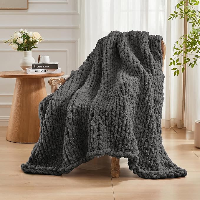 Carriediosa Chunky Knit Throw Blanket 60" X 80" Twin, 100% Hand Made Large Chenille Loop Yarn Soft Fluffy Throws for Couch Sofa Bed, Big Crochet Cozy Heavy Thick Cable Woven Blankets, Dark Grey-Ruum Studio Home
