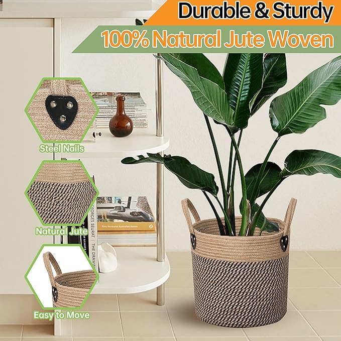 14"x12" Natural Jute Rope Woven Storage Basket with Handles for Plant, Blankets,Toys,Clothes,Shoes - Living Room Home Decor,Multifunctional Basket for Organizer,Picnic,Artificial Tree-Ruum Studio Home