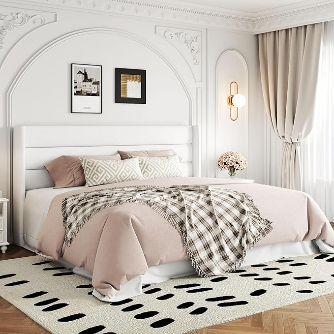 Allewie King Size Velvet Lift Up Storage Bed, Modern Wingback Headboard, Hydraulic Support, No Box Spring Needed, White-Ruum Studio Home