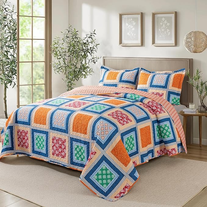 NEWLAKE Quilt Bedspread Sets - Bohemian Farmhouse Pattern Reversible Coverlet Set, Queen Size-Ruum Studio Home