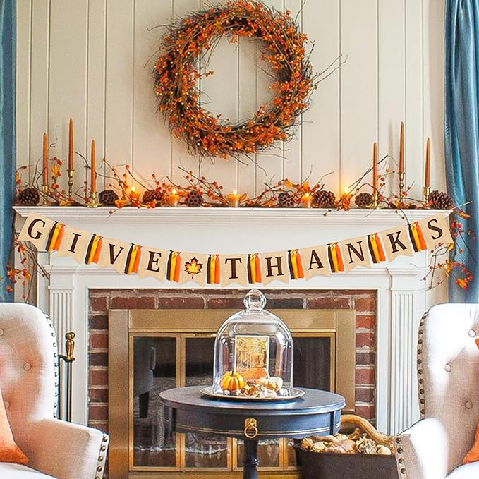 Thanksgiving Maple Leaf Burlap Pennant Banner Flag Felt Give Thanks Sign and Maple Leaf Pattern with Fall Color Ribbon for Thanksgiving Day Fall Autumn Harvest Birthday Party Decorations Supplies-Ruum Studio Home