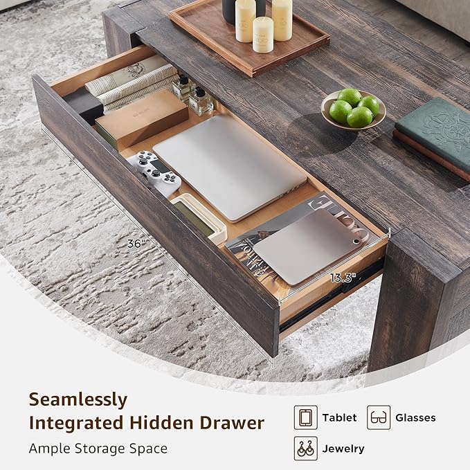 OKD 48" Modern Farmhouse Coffee Table, Wooden Living Room Table with Hidden Storage Drawer, Rustic Rectangular Center Tables w/Wood Thick Design for Living Room, Office, Dark Rustic Oak-Ruum Studio Home