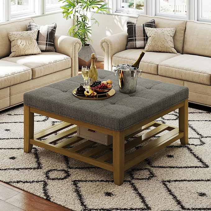 Large Square Ottoman Coffee Table, Linen Solid Upholstered Footrest Ottoman with Solid Wood Shelf Storage Tufted Coffee Table for Bedroom Living Room, Granite-Ruum Studio Home