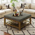 Large Square Ottoman Coffee Table, Linen Solid Upholstered Footrest Ottoman with Solid Wood Shelf Storage Tufted Coffee Table for Bedroom Living Room, Granite-Ruum Studio Home