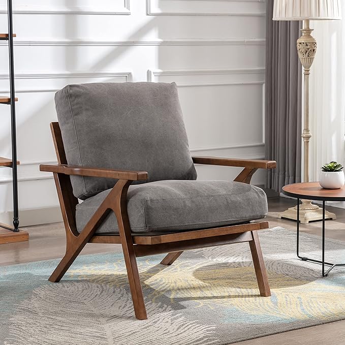 chairus Mid Century Accent Armchair Modern Upholstered Lounge Chair Compfy Leisure Arm Chair for Living Room Fireplace/Bedroom/Reception/Dorms, Denim Fabric Grey-Ruum Studio Home