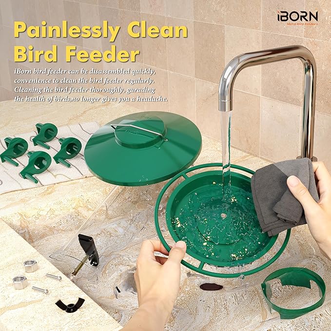 iBorn Bird Feeders for Outdoors, 2LB Metal Bird Feeders 17cm Large Roof &Tray, 4 Feeding Ports, Green Finish-Ruum Studio Home