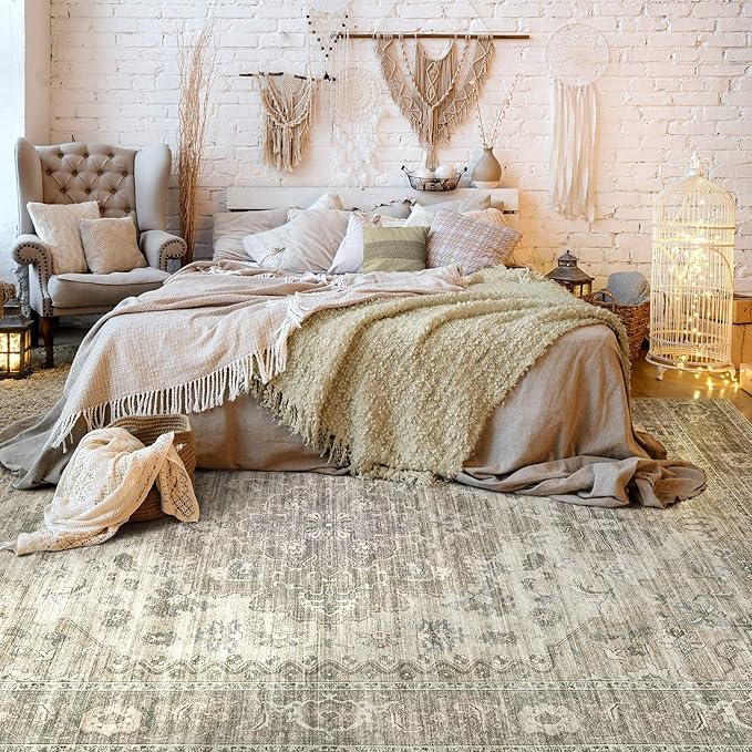 Washable Area Rugs for Living Room -10x12 Neutral Vintage Distressed Floral Farmhouse Boho Large Soft Floor Rug Indoor Non Slip Carpet for Living Room Bedroom Dining Room Office -Brown/Tan-Ruum Studio Home