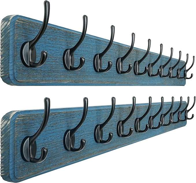 Dseap Coat Rack Wall: 38-1/4" Long, Patented, Heavy-Duty, 10-Double-Hooks Wooden Wall Mounted Coat Rack Coat Hanger Hook Rail for Winter Coats Hat Jacket Clothing, Weathered Blue, Pack of 2-Ruum Studio Home