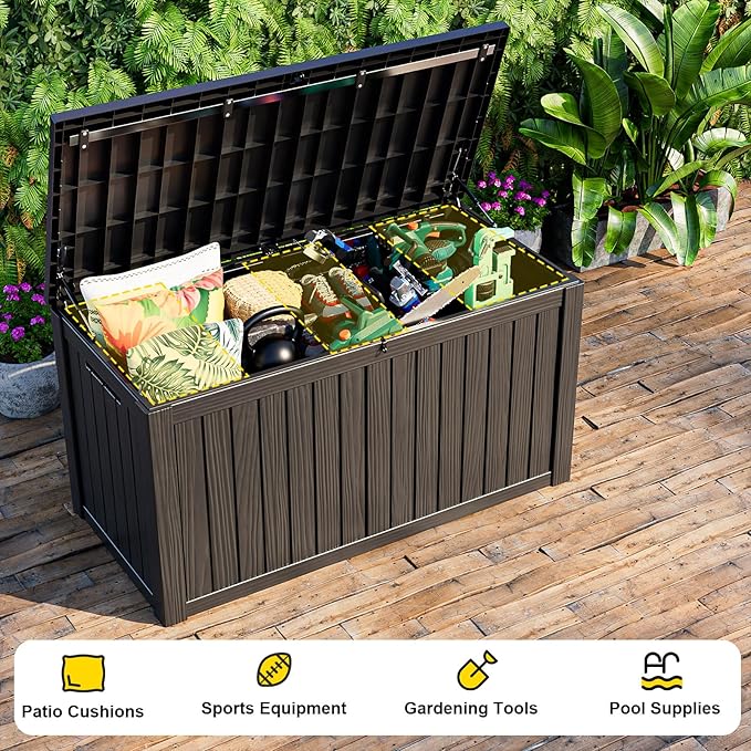 150 Gallon Outdoor Deck Box,Storage Lockable Waterproof Patio Furniture,Garden Tools,Cushions,Pool Accessories Outside Storage Resin Box(Black)-Ruum Studio Home