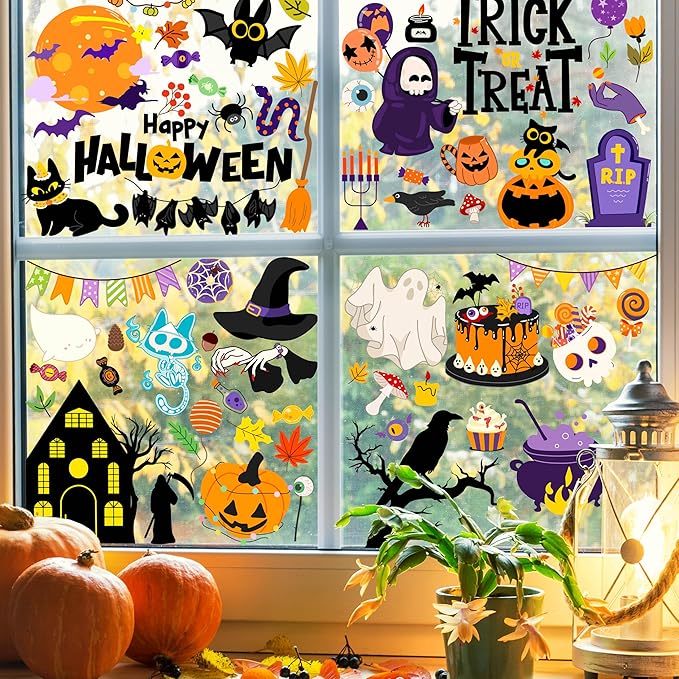 Halloween Window Clings - Halloween Decorations Static Window Stickers for Glass, Removable Large Double-Sided Window Decals for Indoor Home Decor, Bat Fall Cute Party Gift, 65 PCS/9 Sheet-Ruum Studio Home