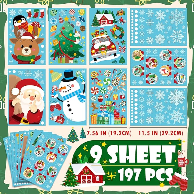 Christmas Window Clings - Christmas Large Window Stickers for Glass Window, Reusable Static Vinyl Double-Sided Winter Decals, Cute Snowflake Snowman Holiday Xmas Decorations, 197 PCS/9 Sheet-Ruum Studio Home