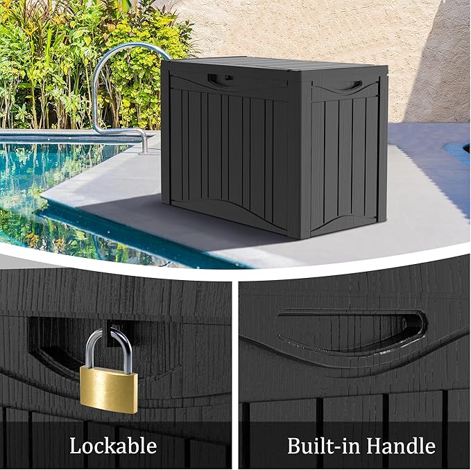 50 Gallon Lockable Resin Deck Box, Waterproof & UV-Resistant Outdoor Storage Box for Outdoor Cushion Storage, Garden Tools & Pool Accessories Storage, Black-Ruum Studio Home