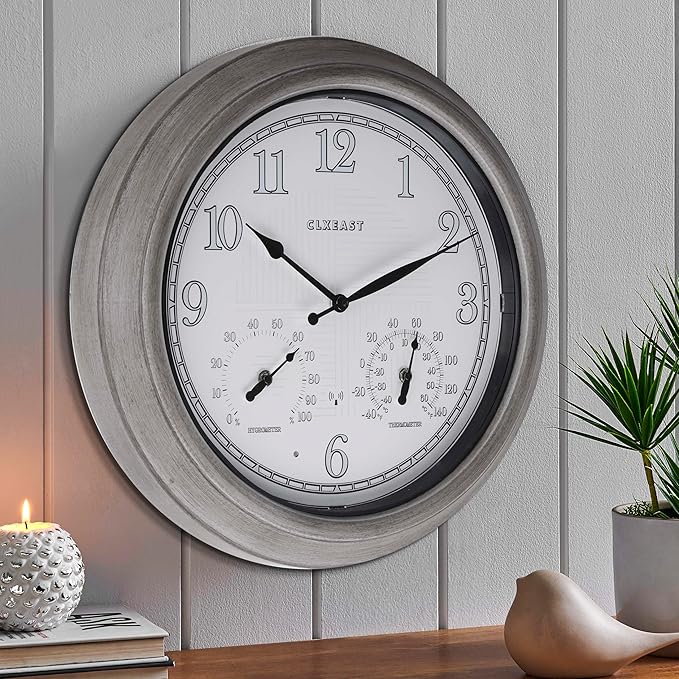 CLXEAST 18 Inch Farmhouse Illuminated Outdoor Atomic Wall Clock with Thermometer & Hygrometer Combo, Night Lighted Wall Clock with Smart Sensor, Weather Stations,Brushed Grey Oak Finish-Ruum Studio Home