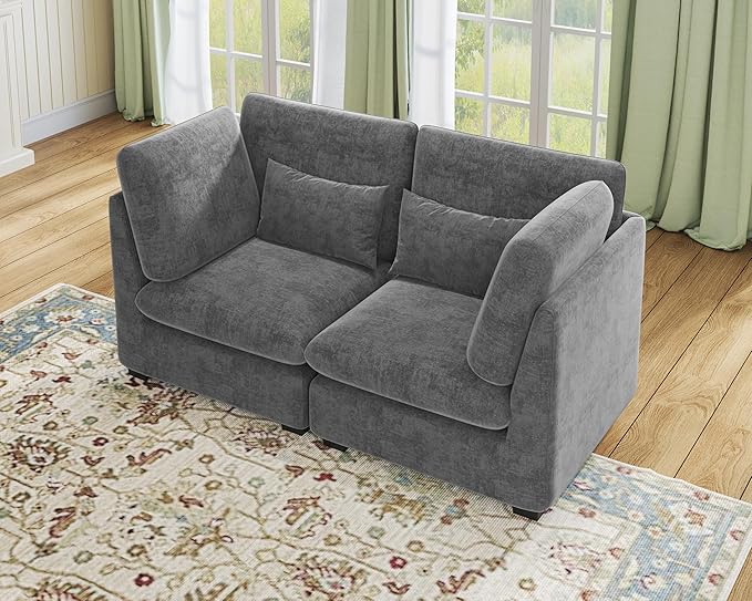 Oversized Modular Sofa, Extra Deep Cloud Chenille Sectional Couch with Ottoman Chaise, Fluffy Chenille 2 Seater Sofa Bed for Living Room, Villa (Loveseat Sofa, Chenille Grey)-Ruum Studio Home