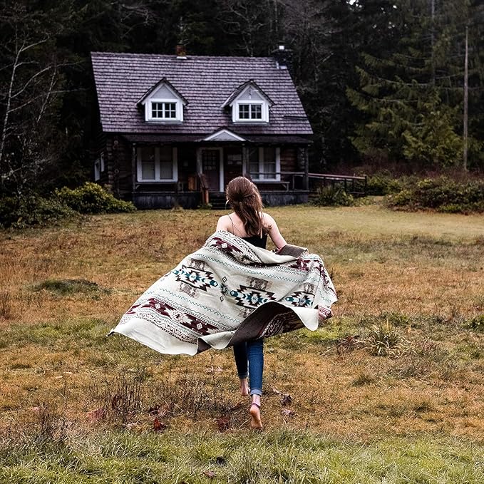 Inca Aztec Throw, Queen, King Blanket | Southwest Indian Navajo Boho Style | Native Cover for Camping, Bedding, Couch, Vanlife | Faux Alpaca, Lightweight, Hypoallergenic (Chimborazo Beige, King)-Ruum Studio Home