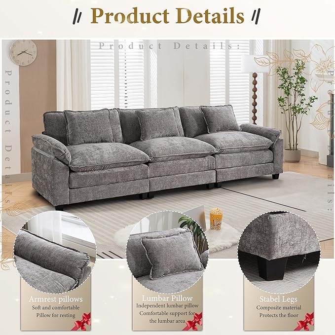 URRED Modular Sectional Sofa Comfy Cloud Couch, Modern Chenille Sofa Sleeper Deep Seat Couches with Ottoman/Pillows for Living Room (Gray, 117'')-Ruum Studio Home