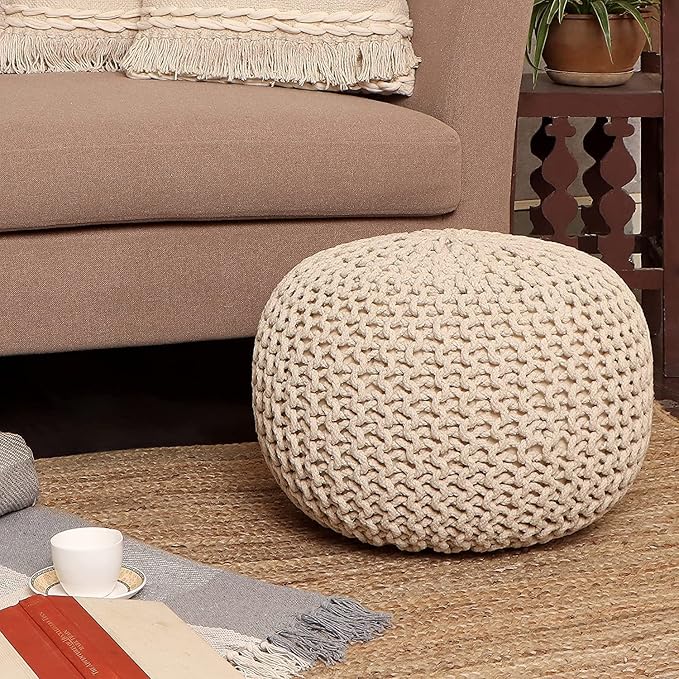 REDEARTH Round Pouf Ottoman - Cable Knitted Boho Poof - Home Décor Cord Pouffe Handmade Circular Footrest for Living Room - Bedroom - Kids Bedroom - 100% Cotton Pouf (19.5"x19.5"x14") - Ivory-Ruum Studio Home