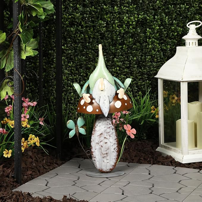 Alpine Corporation - Metal Gnome with Mushroom – 20" Tall Durable Iron Garden Statue, Whimsical Outdoor Décor for Patio, Lawn, Yard (Multicolor)-Ruum Studio Home