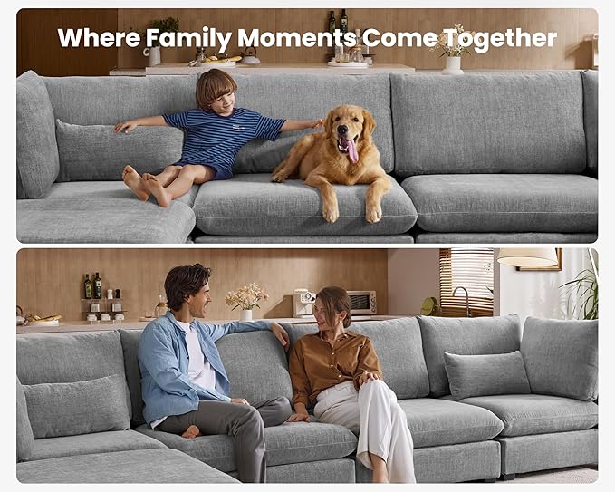 Oversized Modular Sofa, Extra Deep Cloud Chenille Sectional Couch with Ottoman Chaise, Fluffy Chenille 2 Seater Sofa Bed for Living Room, Villa (Loveseat Sofa, Chenille Grey)-Ruum Studio Home