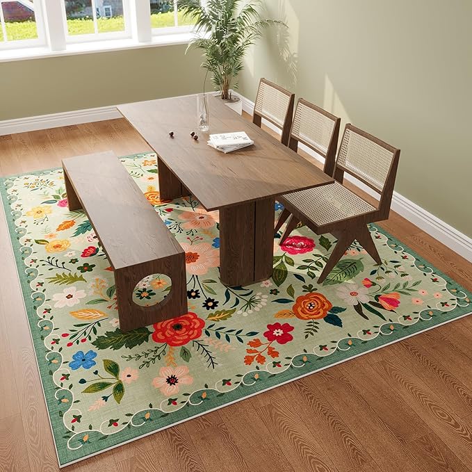 Living Room Rug 6x9 Rug Machine Washable Boho Area Rug Non Slip Floral Vintage Low Pile Large Rug for Living Room, Bedroom, Farmhouse, Dining Room, Kids Playroom(Green)-Ruum Studio Home