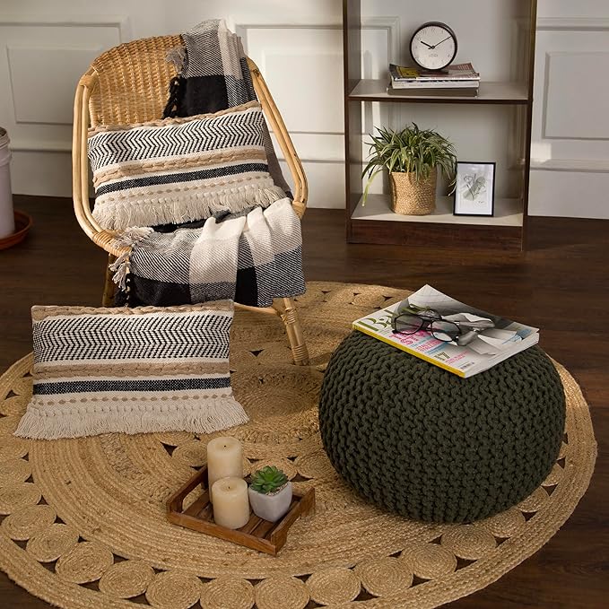 REDEARTH Round Hand Knitted Pouf - Foot Stool Bean Bag Ottoman - Cord Boho Pouffe - Poof Accent Beanbag Footrest for Living Room - Bedroom - Patio - Lounge (19.5"x19.5"x14") - Olive-Ruum Studio Home