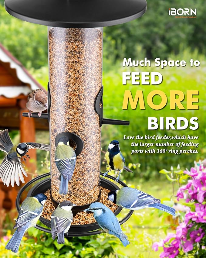 iBorn Metal Bird Feeders for Outdoors, 2LB Bird Seed Feeder 17cm Large Roof &Tray, 4 Feeding Ports, Black Finish-Ruum Studio Home
