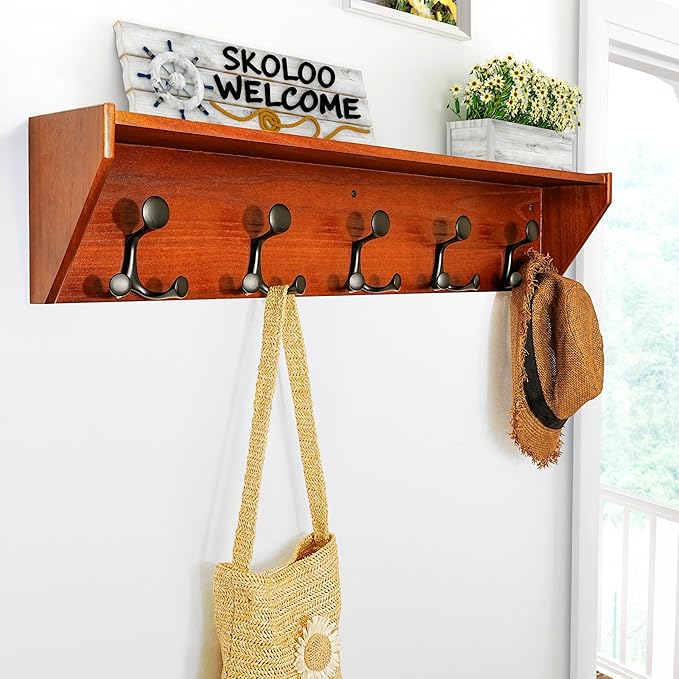 SKOLOO Wall Shelf with Hooks, 35-Inch Cherry Coat Rack Wall Mount with Shelf Organizer - Lightweight & Sturdy, 5 Tri Hooks - Perfect for Entryway, Hallway, Living Room, Bedroom, Mudroom-Ruum Studio Home