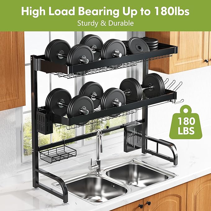 3 Tier Extra Large Stainless Steel Expandable Over The Sink Dish Drainer Drying Rack, Rust Proof Metal, Space Saving, Modern Black Big Capacity Extendable Plate Strainers Above Kitchen Counter-Ruum Studio Home