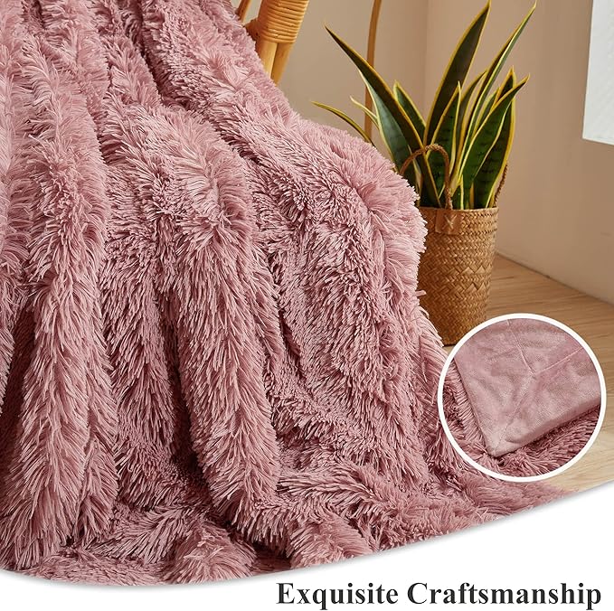 XeGe Plush Faux Fur Throw, Dusty Pink Luxurious 50x60 Shaggy Furry Blanket, Fluffy Microfiber Velvet Couch Throw, Ultra Soft Warm Fuzzy Lap Blanket for Sofa Bed Chair Car Office, Dusty Pink-Ruum Studio Home