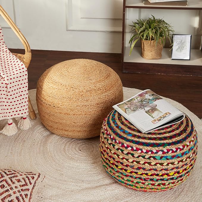 REDEARTH · Round Pouf Ottoman - Braided Boho Poof Home Décor Pouffe Accent Sitting Circular Foot Rest for Living Room, Bedroom, Nursery, Lounge; Jute and Cotton Set of 2 (19.5"x19.5"x14"; Multi)-Ruum Studio Home