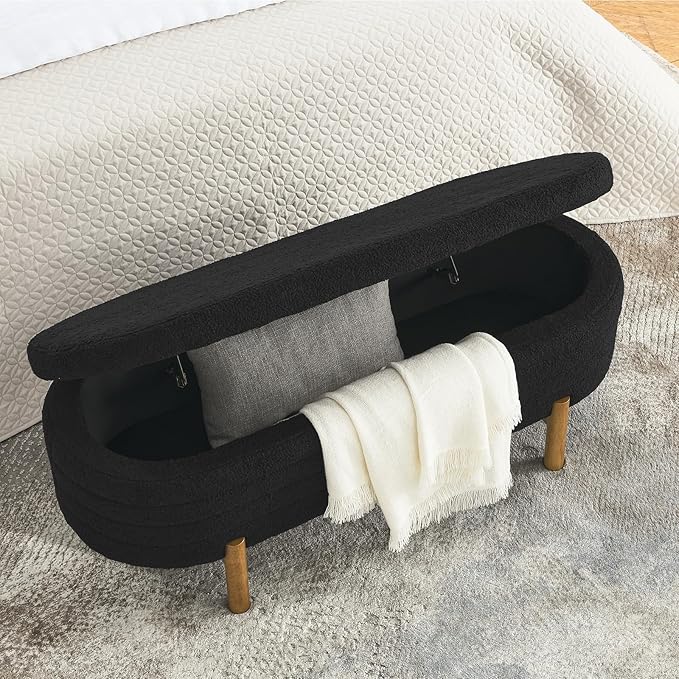Furniliving 46” Storage Benches, End of Bed Bench with Button-Tufted Large Upholstered Storage Ottoman Teddy Window Bench with Storage Shoe Cabinet Bench, for Bedroom, Entryway, Closet, Black-Ruum Studio Home