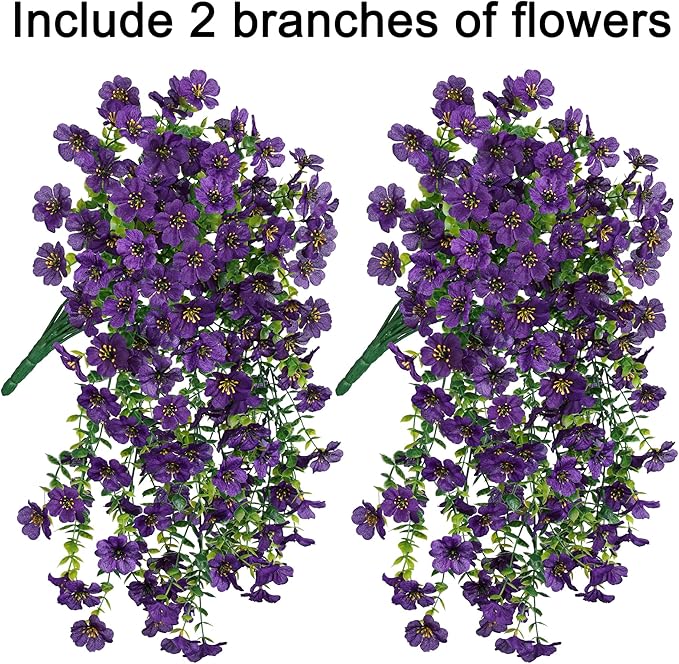 Artificial Faux Hanging Flowers Plants for Spring Outdoor Outside Decoration, 2 PCS Fake Silk Daisy with Eucalyptus UV Resistant Realistic Trailing Vines for Balcony Patio Porch (Dark Purple)-Ruum Studio Home