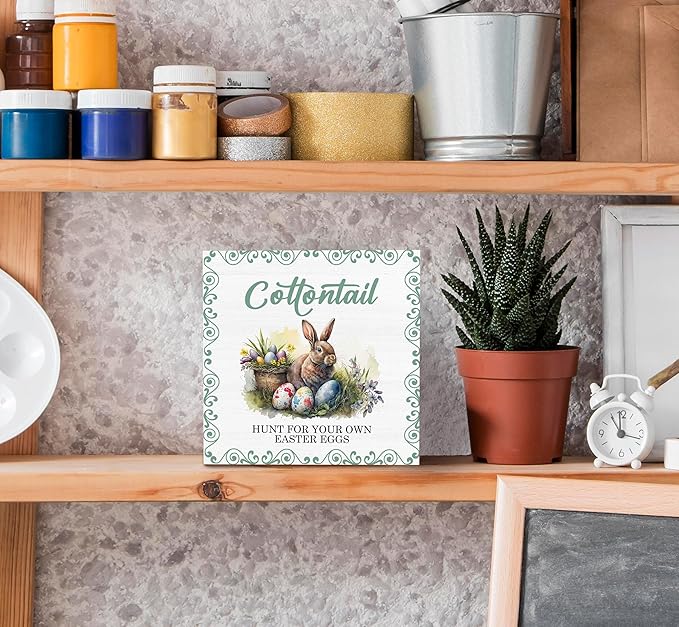 SRADMO Easter Wooden Block Decorative Sign, 5x5 inches, Wood, Tabletop Mount, Multicolor, Easter Theme, Rustic Style, Pre-Printed Text: Cottontail-Ruum Studio Home