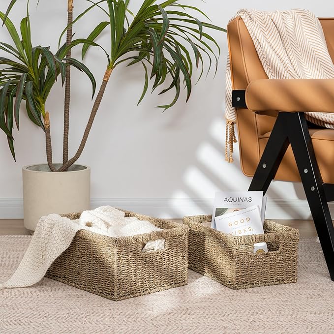 StorageWorks Wicker Storage Baskets, Large and Small Baskets, Handwoven Seagrass Basket for Organizing, Decorative Organizers with Built-in Handles, Set of 2-Ruum Studio Home