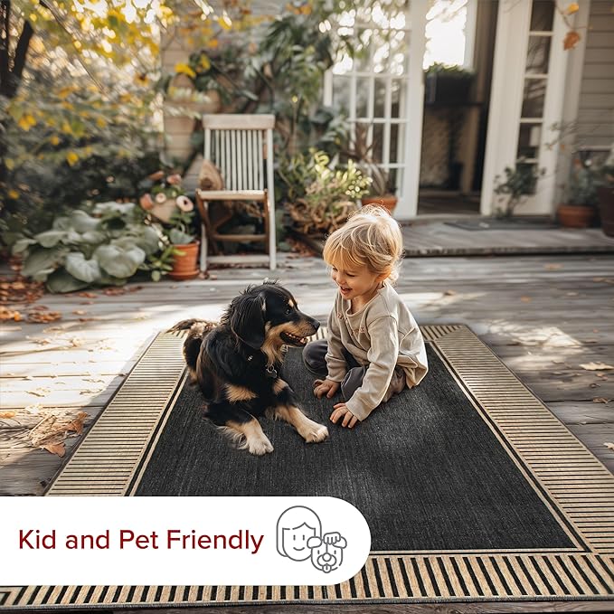 nuLOOM 6' 7" x 9' Outdoor Area Rug, Casual Design With Striped Border, Stain Resistant, Highly Durable, For Patio, Balcony, Bedroom, Living Room, Dining Room, Bathroom, Dark Grey-Ruum Studio Home