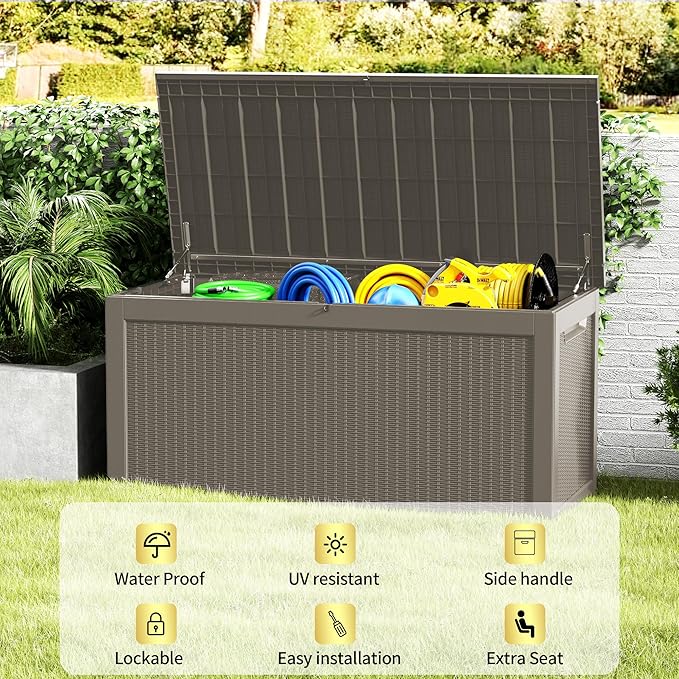320 Gallon Lockable Resin Deck Box, Waterproof & UV-Resistant Outdoor Storage Box for Outdoor Cushion Storage, Garden Tools & Pool Accessories Storage, Gray-Ruum Studio Home