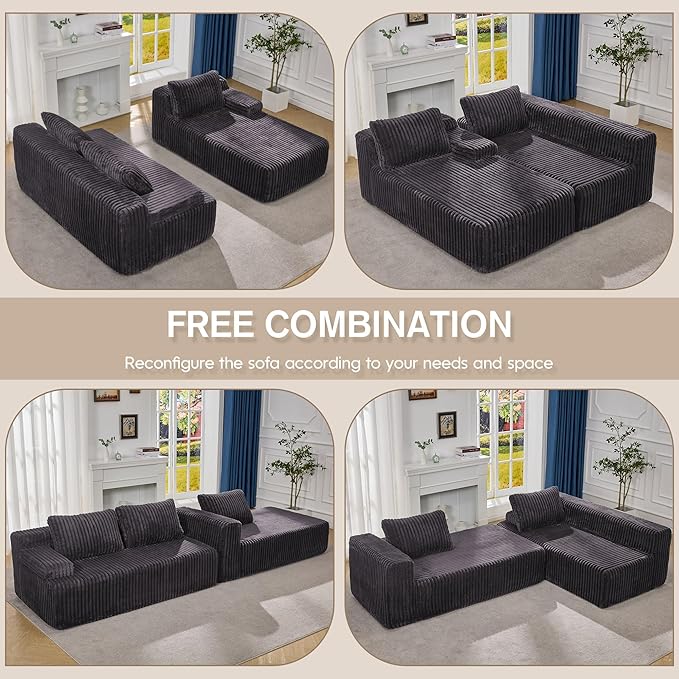 Hobestluk Modular Sectional Sofa Couches 108" L-Shape Couch 3 Seat Modular Sofa Memory Foam Sectional Couches for Living Room, Boneless Couch with Oversized Chaise (Grey, Right Facing)-Ruum Studio Home
