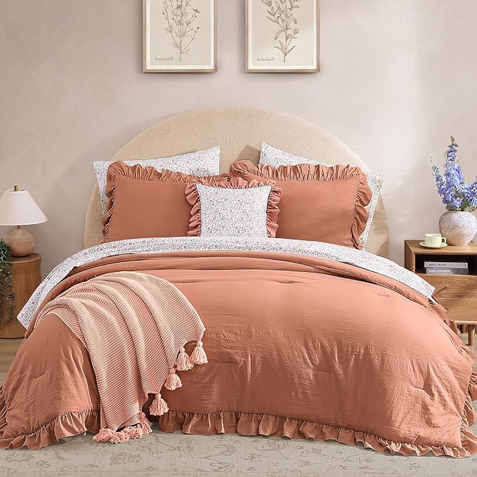 Queen Comforter Set - 7 Pieces Ruffle Autumn Leaf Bedding Sets, Shabby Chic Farmhouse Bed in a Bag Queen with Ruffle Comforter, Floral Sheets, Pillowcases & Shams-Ruum Studio Home