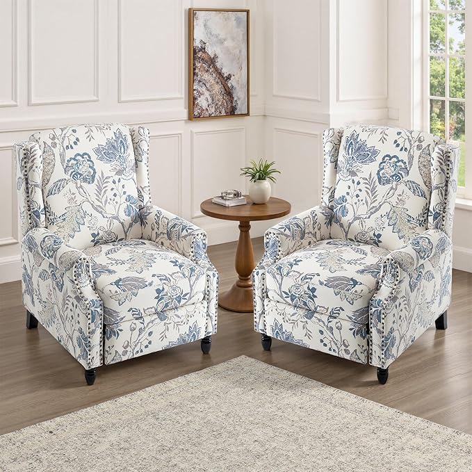 UIXE Floral Pushback Recliner Chairs Set of 2, Fabric Upholstered Armchair Push Back Accent Chair for Living Room, Rivet Trim Club Chair Home Theater Single Sofa Reading Seat - Blue Plants-Ruum Studio Home