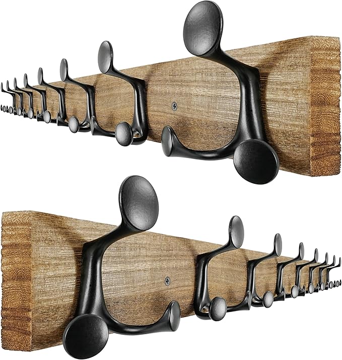 SKOLOO 43-Inch Wood Burnt Coat Rack Wall Mount with 8 Triple Hooks - Ideal for Family Entrances, Classrooms, and Pet Supplies Storage - Perfect Coat Hooks for Wall, Pack of 2-Ruum Studio Home