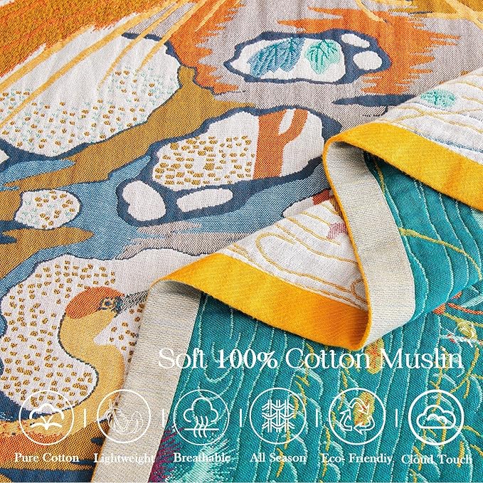 Fall Throw Blanket for Couch, Yellow Boho Decorative Throw Blanket, 100% Cotton Muslin Breathable Woven Farmhouse Blankets Quilt, 80"x90" Reversible Lightweight Blankets Bohemian Throw Quilt-Ruum Studio Home