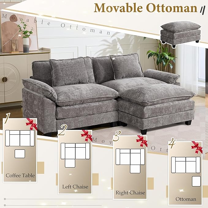 URRED Modular Sectional Sofa Comfy Cloud Couch, Modern Chenille Sofa Sleeper Deep Seat Couches with Ottoman/Pillows for Living Room (Gray, 82.6''- L Shape)-Ruum Studio Home