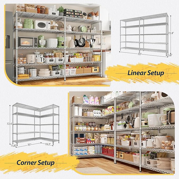 REIBII 70" W Wire Shelving Load 1500LBS, Metal Shelving 5-Tier Storage Shelves Metal Shelves for Storage Adjustable Shelving Rack for Pantry Kitchen Commercial School 70" W*15.8" D*72.4" H,Chrome-Ruum Studio Home