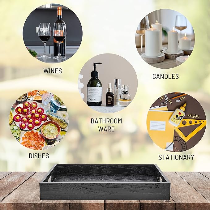 Wood Serving Tray with Handles, Home Decorative Wooden Rectangle Ottoman Decor Platter Vanity Tray for Breakfast Dinner Drinks Kitchen Dining Living Bathroom Restaurants Black-Ruum Studio Home